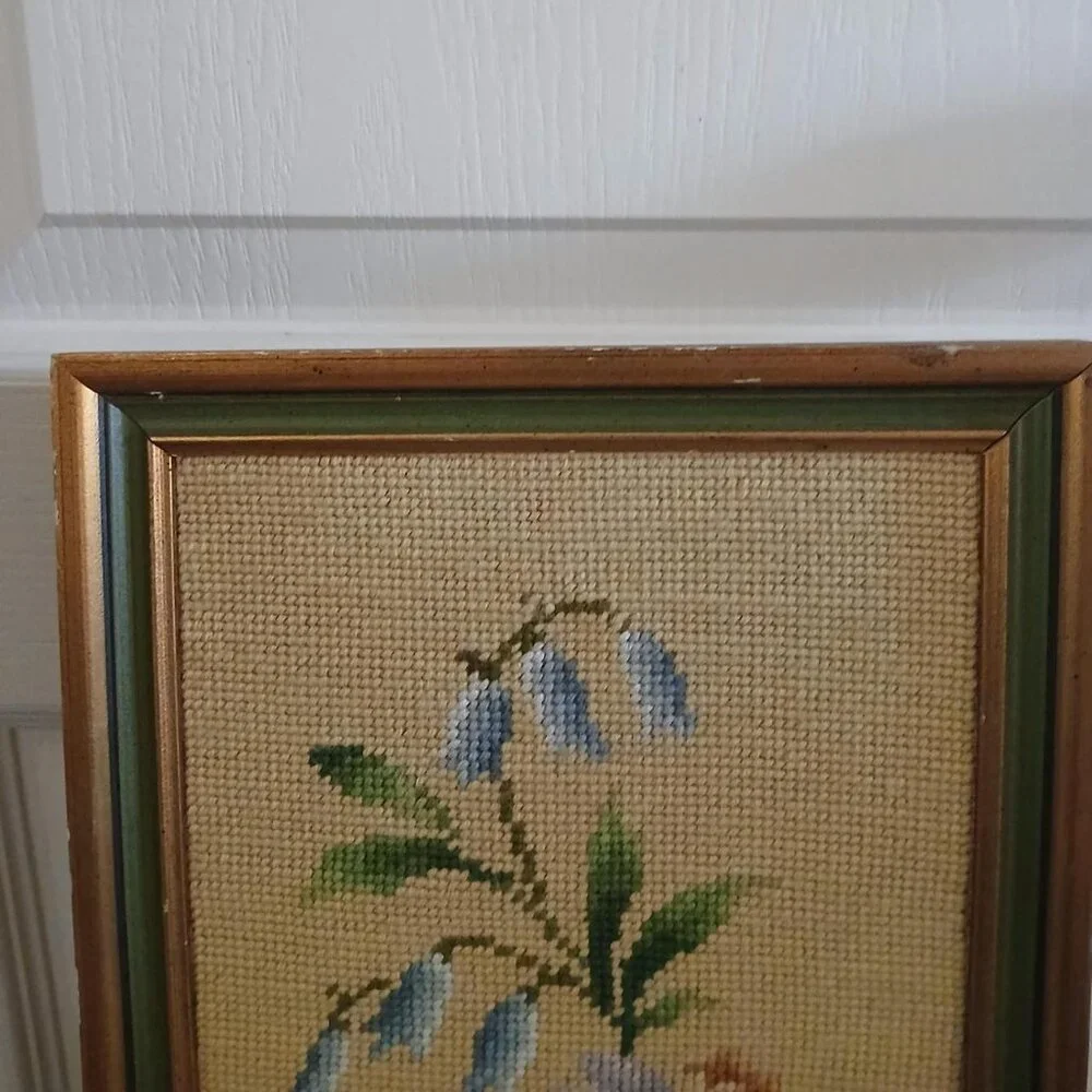 VTG MCM Floral Framed Needlepoint Embroidered Tapestry Weaving 18x 9 Cottagecore